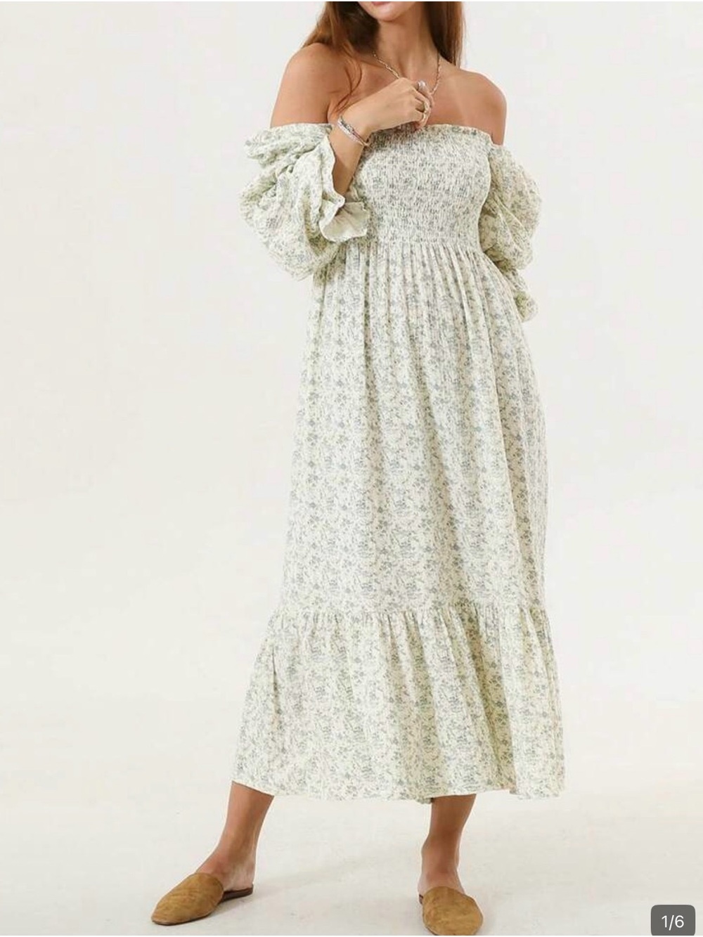 Off-Shoulder Floral Maxi Dress in Light Green